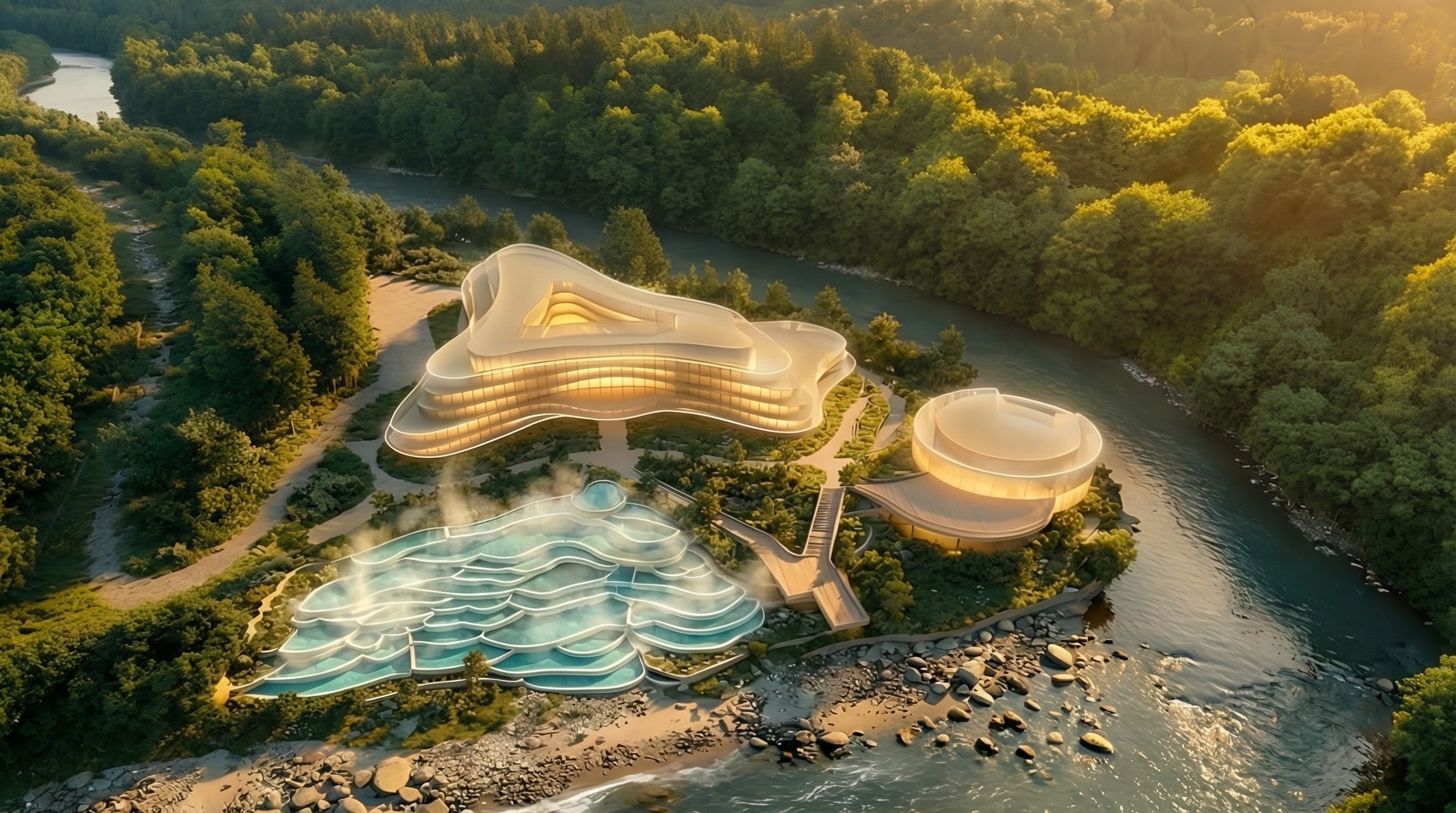 Термальный велнес-курорт Нокалакеви — аэросъёмка комплекса с термальными каскадами и природным ландшафтом Грузии